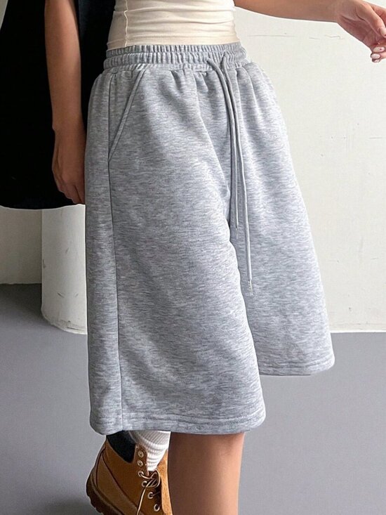Pants - Grey Casual Women's Elasticated Drawstring Bermuda Shorts